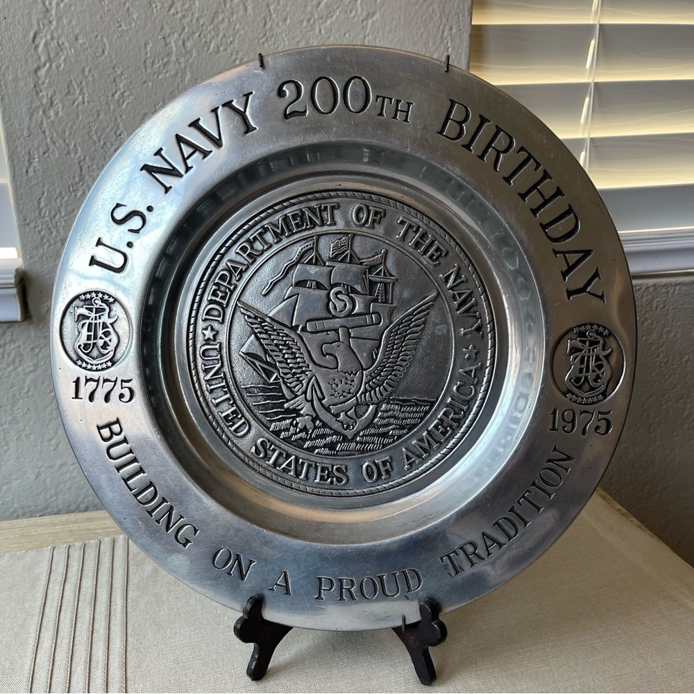 12ʺ US Navy 200th Birthday Large Metal Pewter Plate 1775-1975 Wilton Columbia US